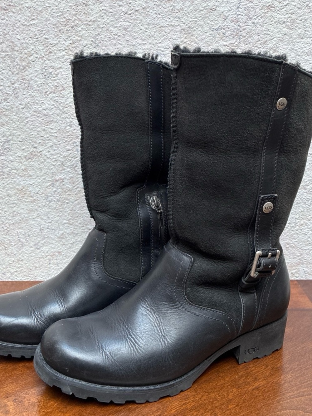 UGG Women's Black Leather & Suede Mid-Calf Buckle Boots